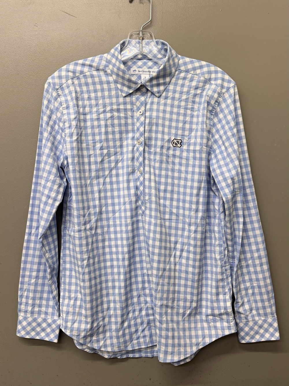 Southern Tide Men's Blue North Carolina Game Day Gingham Sports LS shirt size S